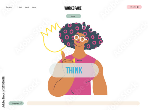 Thinking people, modern flat vector concept illustration- woman standing thoughtfully, looking upwards, bubble near head Metaphor for reflection, analysis, introspection, contemplation, deep thought