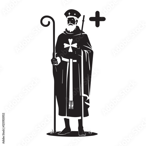 A stylized, black and white illustration of a saint, likely a religious figure like a bishop or shepherd, holding a staff - Saint Patrick’s Day 17 March