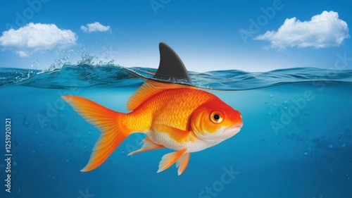 Goldfish swimming with a shark fin above, creating a playful contrast