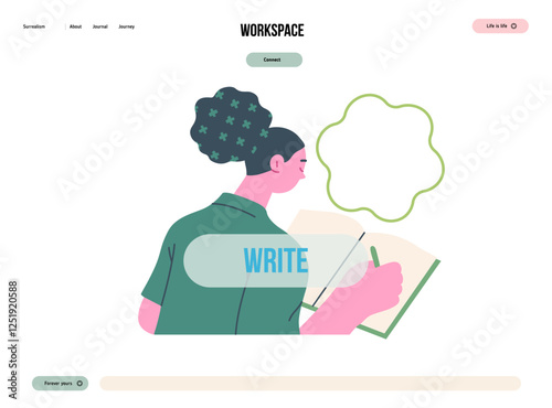 Writing people, modern flat vector concept illustration- sitting woman thoughtfully writing on notebook, bubble near head Metaphor for reflection, personal insight, contemplation, creative expression