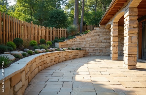 Stone terrace features retaining wall landscaping and wooden palisade fence. Smooth cladding lines building with arch roof, stone wall uses sandstone textures with beige blocks. Tiles cover floor.