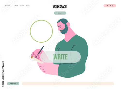 Writing people, modern flat vector concept illustration- standing man thoughtfully writing on notebook, bubble near head Metaphor for reflection, personal insight, contemplation, creative expression