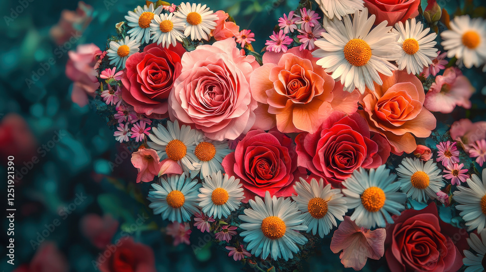 Heart shape formed by vibrant roses and daisies in detailed digital art