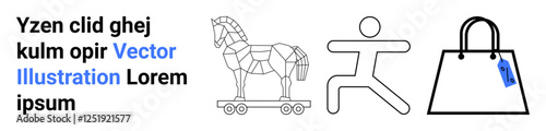Trojan horse on wheels, abstract human figure in motion, shopping bag with price tag. Ideal for technology, e-commerce, advertising, movement, security shopping marketing. Flat landing page banner