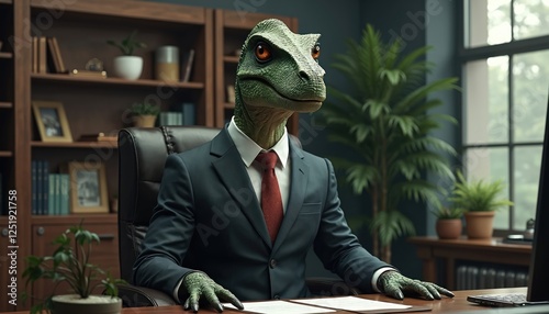 Fototapeta Naklejka Na Ścianę i Meble -  Illustration of dinosaur businessman sitting at desk in office. Concept of metaphor of evil boss. Surreal predator in business suit. Allusion to corporate world, deception, aggression. Fantasy about