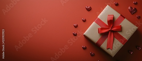 Gift box with red ribbon and heart decorations on vibrant red background for special occasions