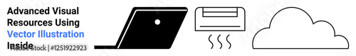 A laptop, air conditioner emitting airflow, and a cloud symbol. Ideal for technology, smart home, climate control, connectivity, cloud computing, digital workspaces abstract line flat metaphor