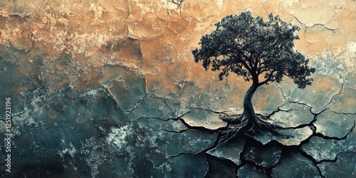 A resilient tree grows from dry cracked barren earth photo