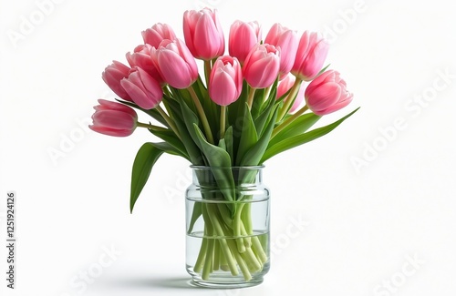 Wallpaper Mural Pink tulip flowers arrangement in clear glass vase isolated on white background. Spring blossom bouquet for holiday, anniversary, Valentine day, festive decor. Fresh tulips, romantic floral gift. Torontodigital.ca
