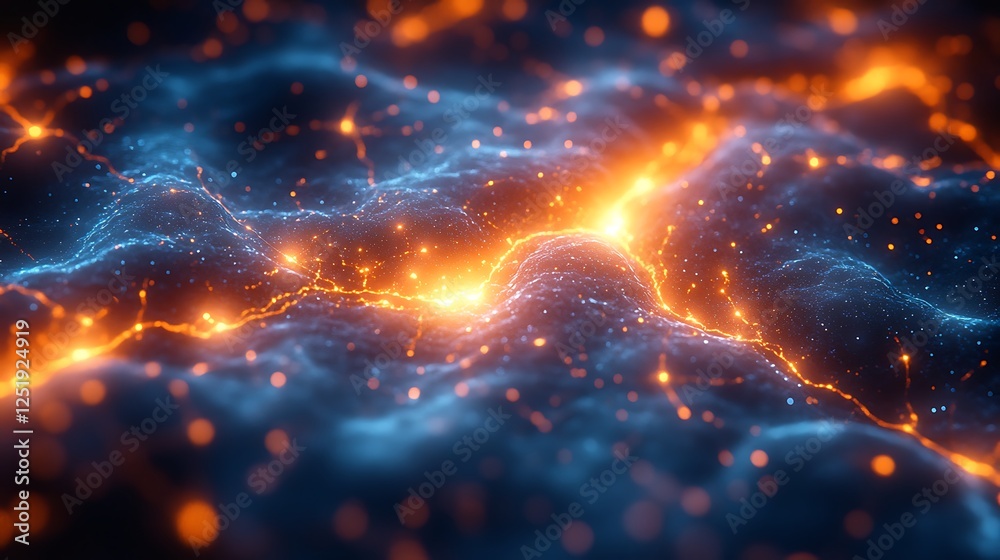 Abstract cellular network with luminescent blue and fiery orange tones resembling neural connections Abstract cellular network with luminescent blue and fiery orange tones resembling neural connections