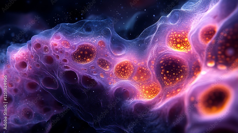 Artistic concept of glowing cellular patterns forming an intricate organic tapestry in rich vibrant colors Artistic concept of glowing cellular patterns forming an intricate organic tapestry in rich vibrant colors