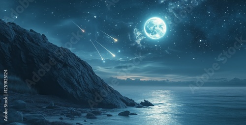 Stunning celestial view over the ocean with shooting stars and a bright moon at night