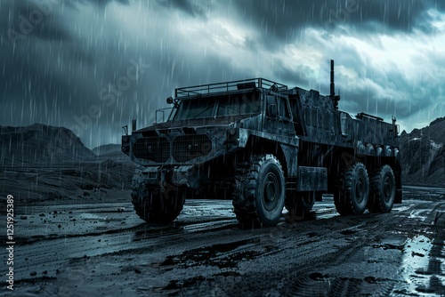 Big and modern futuristic military car driving in rainy weather morning. Neural network ai generated