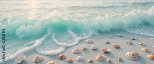 Turquoise Sea Waves and Sandy Beach Background with Shells Ideal for Relaxation and Travel Promotions. photo