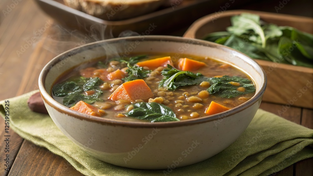 Hearty lentil soup with carrots and spinach served in a rustic bowl on a wooden table during a cozy winter afternoon Hearty lentil soup with carrots and spinach served in a rustic bowl on a wooden table during a cozy winter afternoon