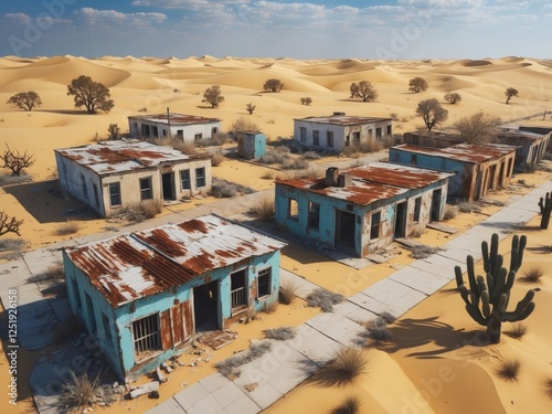 Abandoned Town in Desert with Crumbling Buildings and Boarded Windows Surrounded by Sand photo