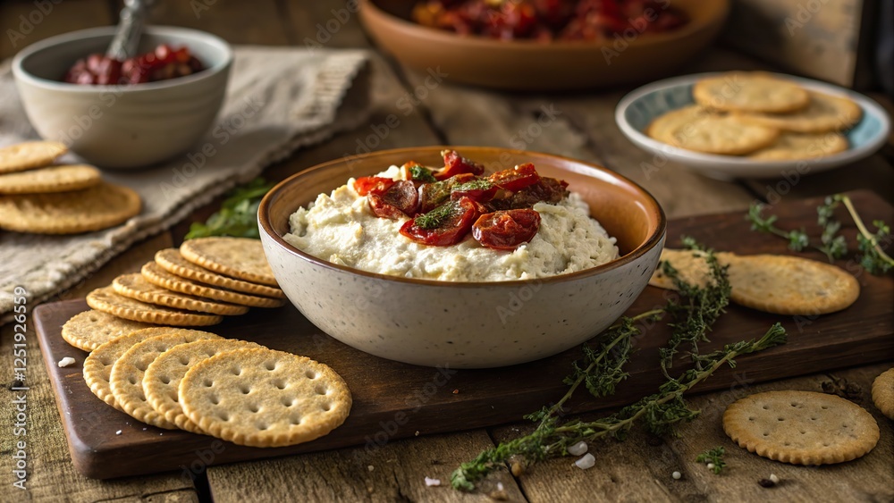 Rustic table adorned with a rustic bowl of cottage cheese spread topped with sundried tomatoes, complemented by crackers and herbs Rustic table adorned with a rustic bowl of cottage cheese spread topped with sundried tomatoes, complemented by crackers and herbs