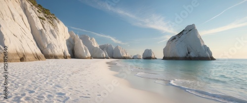Tranquil Rocky Seascape with White Sand and Clear Blue Sky on a Summer Day Ideal for Travel and Nature Themes.
