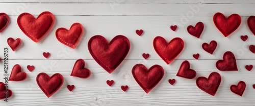 Red felt hearts arranged on a white wooden background creating a Valentine's Day themed border with copy space.