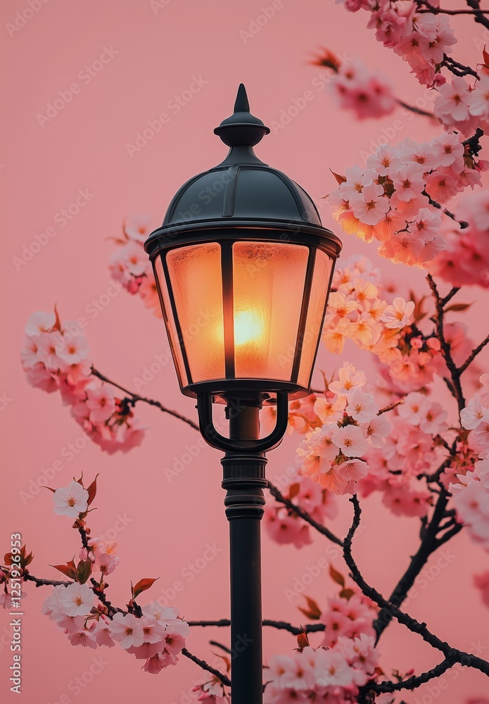 Naklejka premium Beautiful lantern surrounded by cherry blossoms during sunset in a serene urban setting