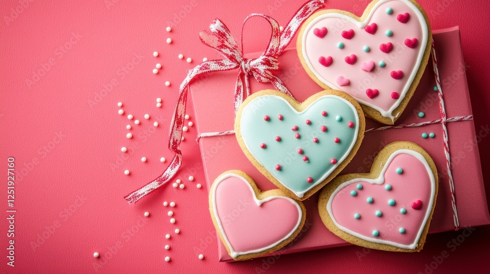 Fototapeta premium Heart Shaped Cookies with Icing and Sprinkles on Pink Background