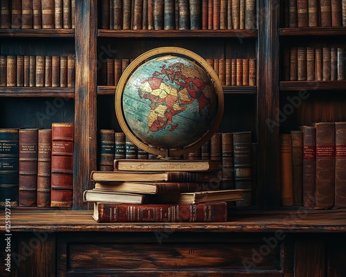 Globe on Pile of Books Symbolizing Knowledge and Exploration with Dark Wooden Bookshelf photo