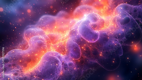 Mesmerizing artistic rendering of microscopic structures pulsating with light in radiant purple and orange hues