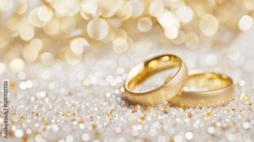 Golden wedding rings on sparkling glitter background with bokeh lights Golden wedding rings on sparkling glitter background with bokeh lights