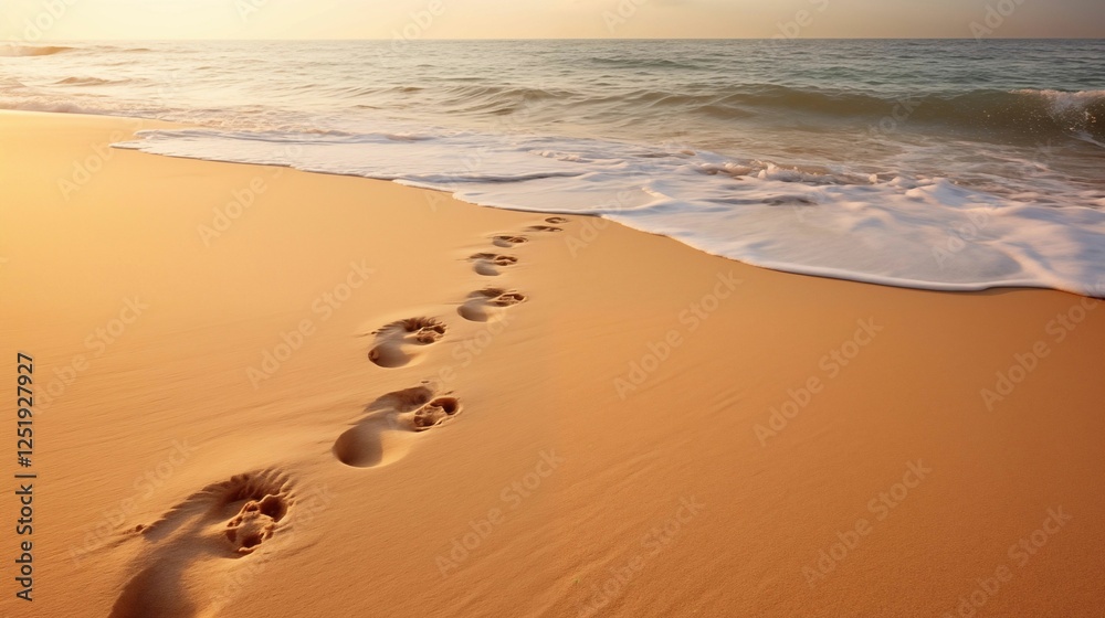 Footprints leading to the ocean on a golden sandy beach at sunset. Footprints leading to the ocean on a golden sandy beach at sunset.