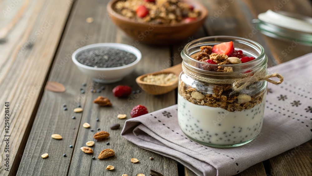 Small mason jar filled with yogurt, granola, and fresh fruits on a rustic wooden surface during a cozy breakfast time Small mason jar filled with yogurt, granola, and fresh fruits on a rustic wooden surface during a cozy breakfast time
