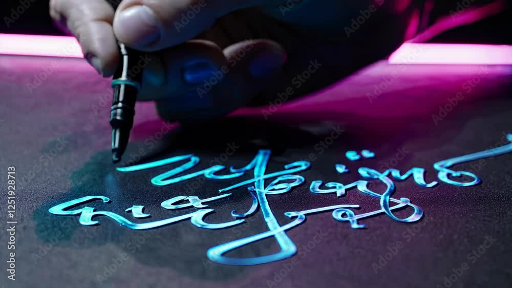 Calligraphy artist writing glowing neon script on a dark surface under vibrant lighting.