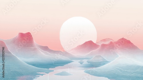 Wireframe mountains reflected on the water under a glowing sun