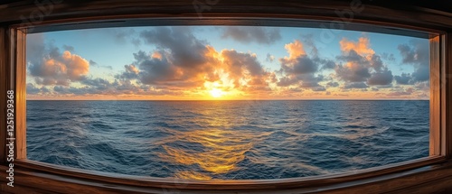 Fototapeta Naklejka Na Ścianę i Meble -  Panoramic view of sunset over the ocean from a cabin window on a calm evening