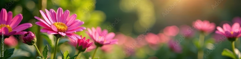 Pink chrysanthemum flowers blooming in a lush garden landscape, blooming flowers, floral arrangement Pink chrysanthemum flowers blooming in a lush garden landscape, blooming flowers, floral arrangement