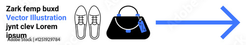 Shoes, handbag with tags, and a blue arrow represent shopping, retail, fashion, e-commerce, navigation, delivery consumer behavior. Ideal for advertising sales store apps fashion blogs flat