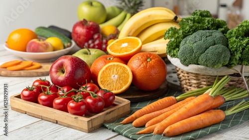 Colorful assortment of fresh fruits and vegetables displayed on a kitchen table during morning preparation for healthy meals