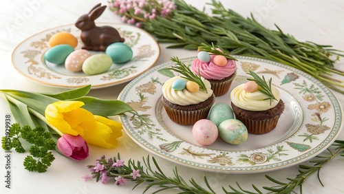 Easter treats presented on elegant china with colorful decorations and fresh spring flowers in a vibrant arrangement photo