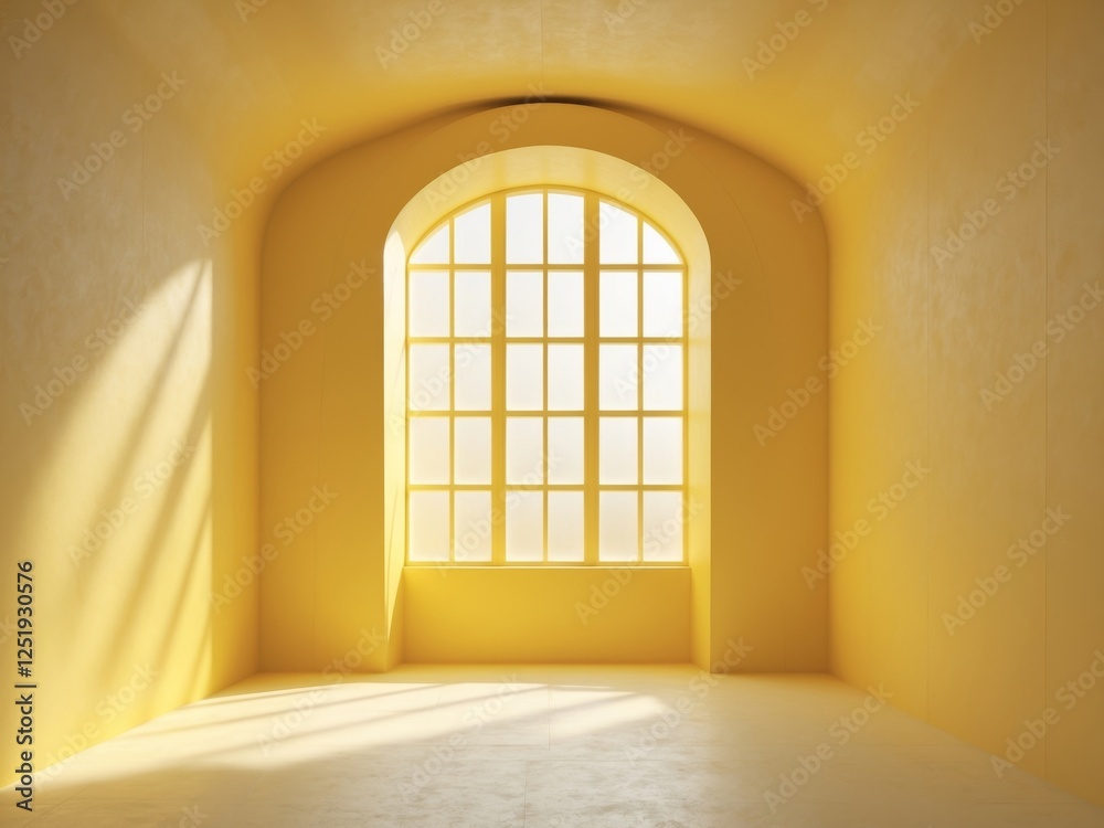 Obraz premium Sunlight casting shadows in a yellow minimal room with arch and window