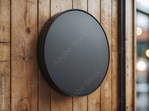 Close up circle black blank empty mockup of street store template signboard on empty wood wall photo