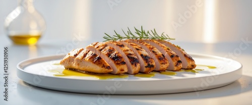 Grilled Chicken Breast Slices with Olive Oil Drizzle. photo