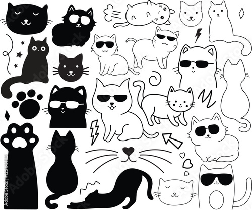 Set of black cat silhouettes, Collection vector illustrations showcasing diverse feline poses Ideal for pet themed design with white background