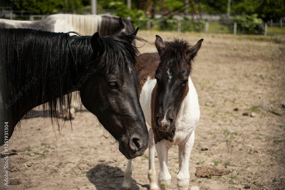 Two horses in a sunny paddock. Two horses in a sunny paddock.