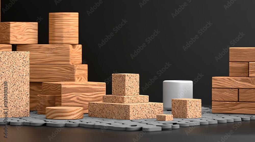 Fototapeta premium A collection of wooden blocks in various shapes and sizes arranged on a dark surface