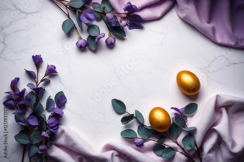 two gold Easter eggs with purple flowers on a white surface