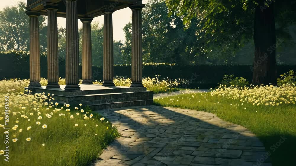 Serene garden pathway leading to a classical gazebo under gentle sunlight in a lush park setting