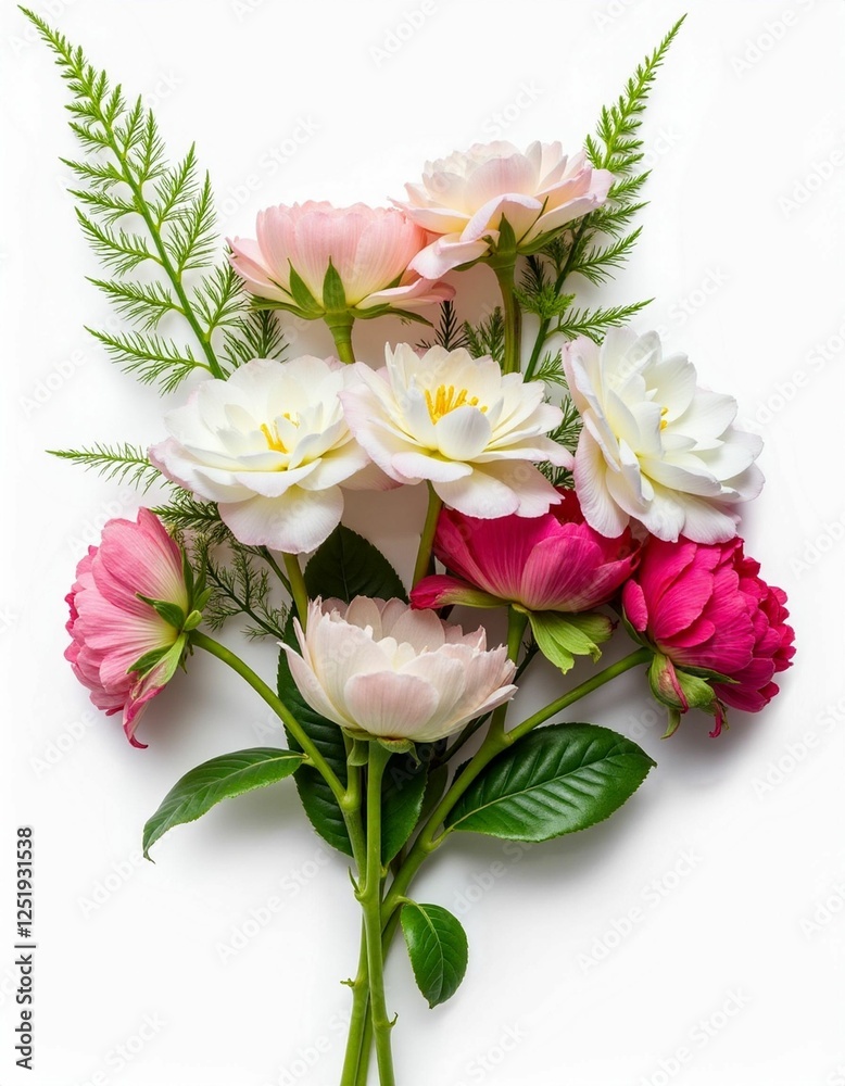 Delicate Floral Bouquet: Pastel Ranunculus and Green Ferns on White Background Delicate Floral Bouquet: Pastel Ranunculus and Green Ferns on White Background