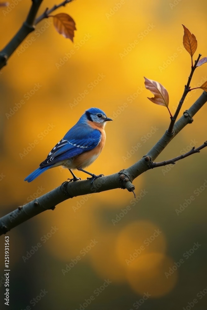 Tiny bluebird on a tree branch with golden hues of autumn, nature, gentle scene Tiny bluebird on a tree branch with golden hues of autumn, nature, gentle scene