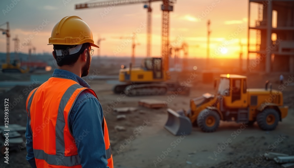 Engineer oversees building site at sunrise. He wears safety helmet. Heavy machinery works. Steel structure rises. It shows industrial progress and leadership role in construction business. Engineer oversees building site at sunrise. He wears safety helmet. Heavy machinery works. Steel structure rises. It shows industrial progress and leadership role in construction business.