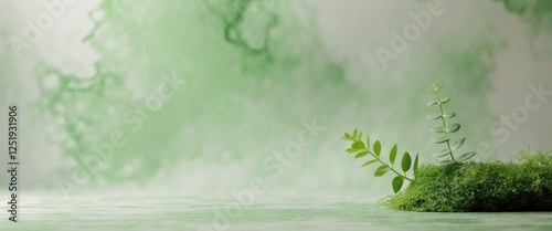 Calm Green Background with Abstract Texture and Plant Accent