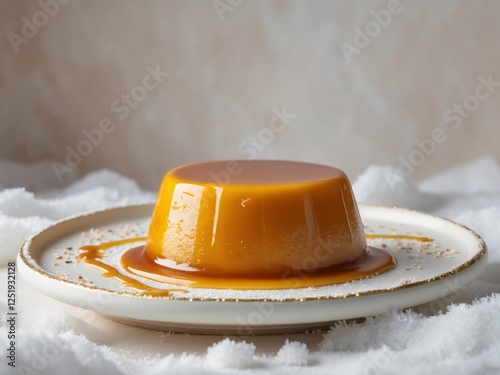 Golden caramel flan on white plate with smooth glossy topping photo